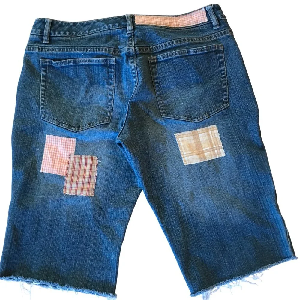Upcycled Denim Cutoffs, Boho Patchwork Orange Brown Approx 10-12
